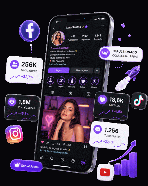 Perfil em crescimento com o Social Prime: mais seguidores, curtidas e visualizações