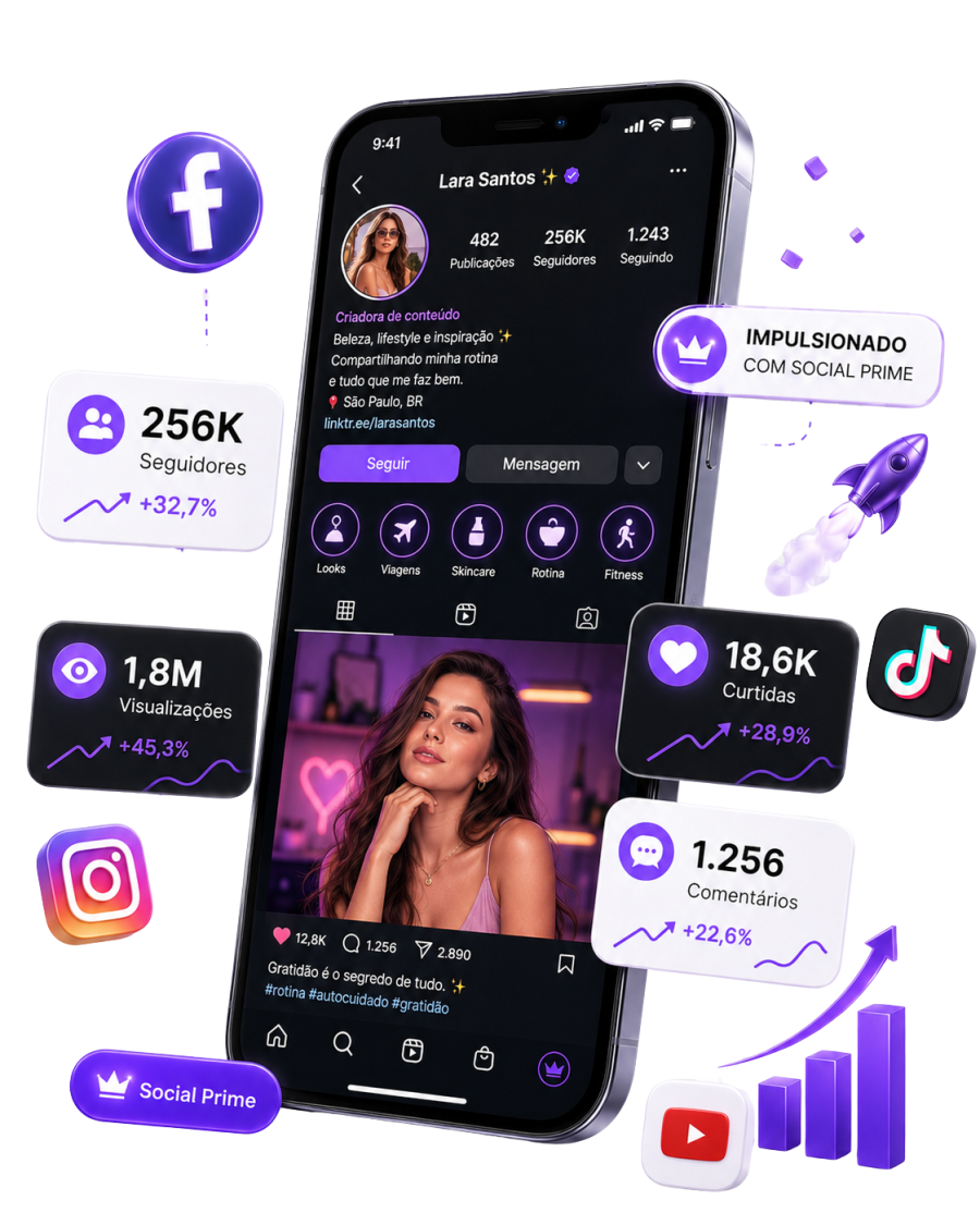Perfil em crescimento com o Social Prime: mais seguidores, curtidas e visualizações