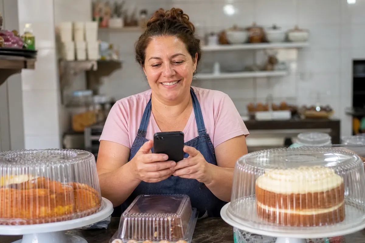 Foto ilustrativa: dona de confeitaria vendo a página no Facebook