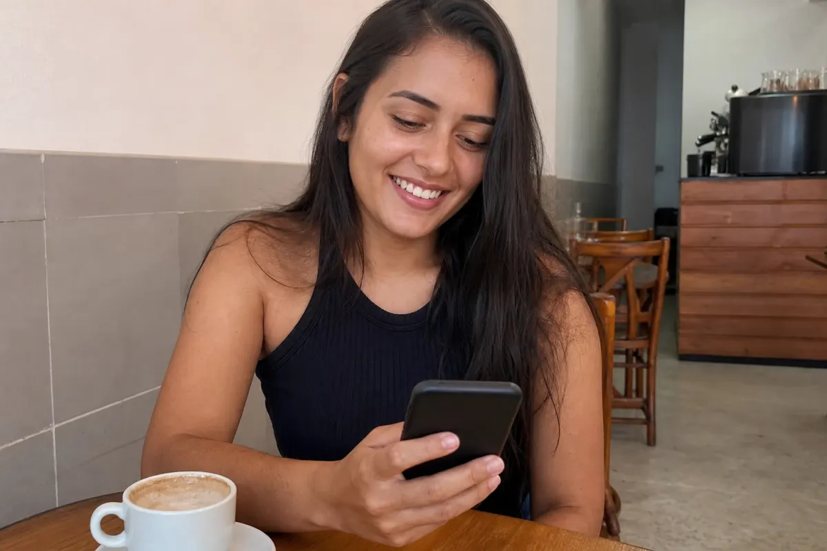 Foto ilustrativa: moça sorrindo para o Instagram no celular